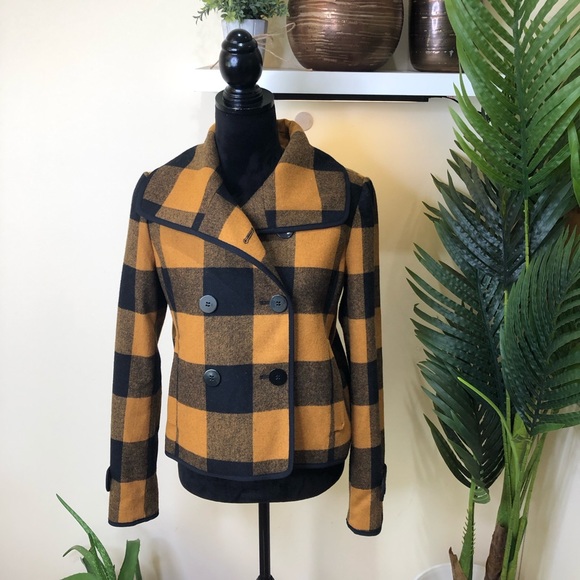 🧥 Ann Taylor LOFT Wool Buffalo Check Swing Coat Yellow/Mustard Navy Medium - Picture 3 of 8